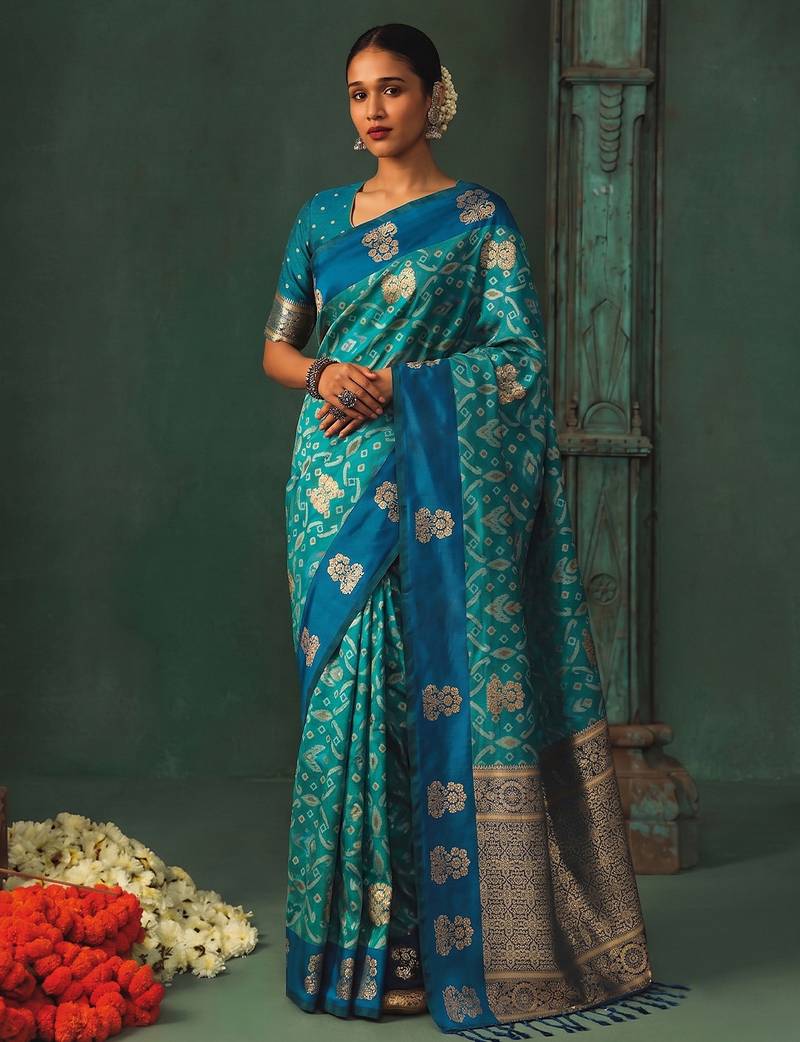 sky blue silk blend fabric woven designer ethnic partywear saree