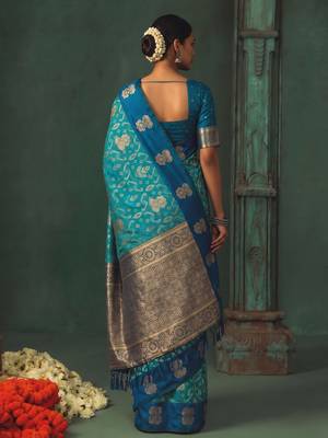 sky blue silk blend fabric woven designer ethnic partywear saree 2