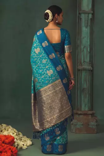 sky blue silk blend fabric woven designer ethnic partywear saree