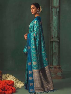 sky blue silk blend fabric woven designer ethnic partywear saree 3