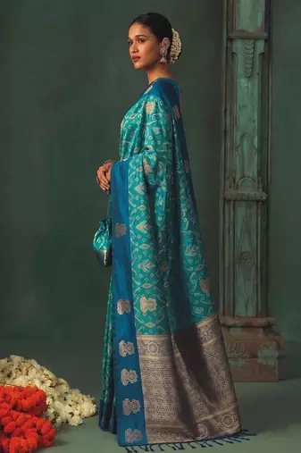 sky blue silk blend fabric woven designer ethnic partywear saree