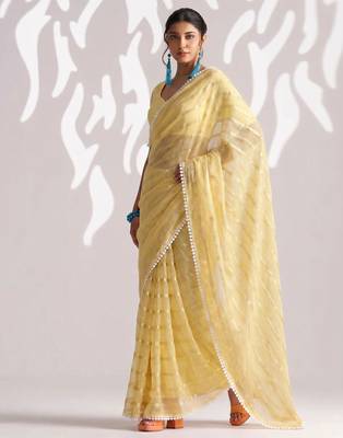 Yellow color smart ready to wear bollywood style chiffon saree for party looks 2