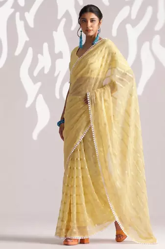 Yellow color smart ready to wear bollywood style chiffon saree for party looks