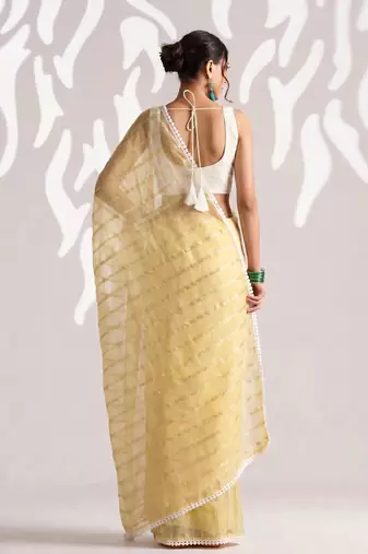 Yellow color smart ready to wear bollywood style chiffon saree for party looks