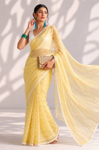 Yellow color smart ready to wear bollywood style chiffon saree for party looks