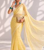 Yellow color smart ready to wear bollywood style chiffon saree for party looks