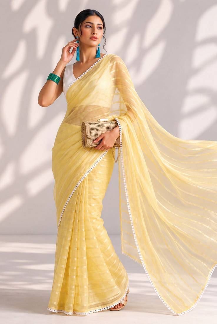 Yellow color smart ready to wear bollywood style chiffon saree for party looks
