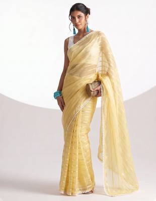 Yellow color smart ready to wear bollywood style chiffon saree for party looks 5