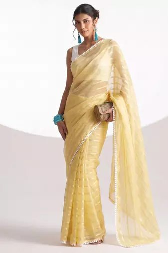 Yellow color smart ready to wear bollywood style chiffon saree for party looks