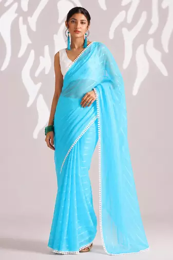 sky blue smart ready to wear bollywood style chiffon saree for party looks