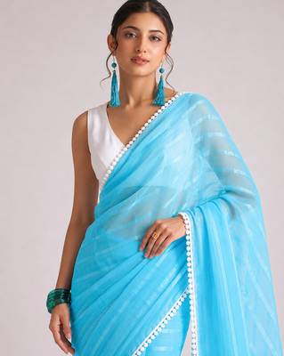 sky blue smart ready to wear bollywood style chiffon saree for party looks 3