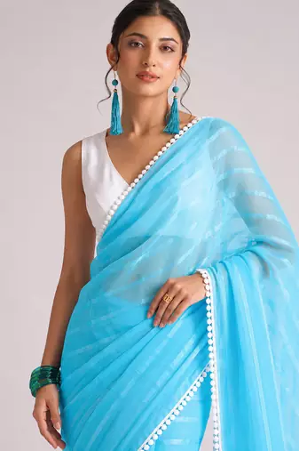 sky blue smart ready to wear bollywood style chiffon saree for party looks