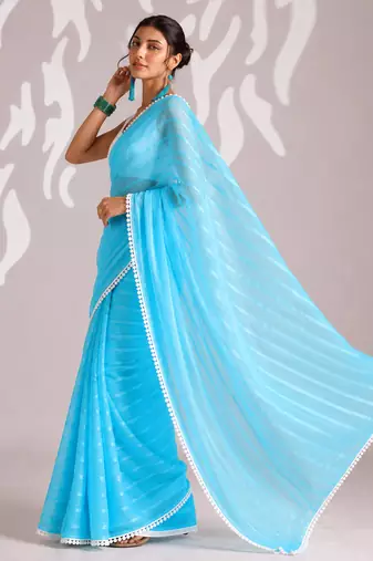 sky blue smart ready to wear bollywood style chiffon saree for party looks