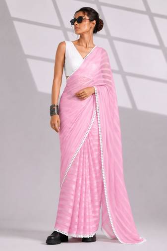 pink smart ready to wear bollywood style chiffon saree for party looks