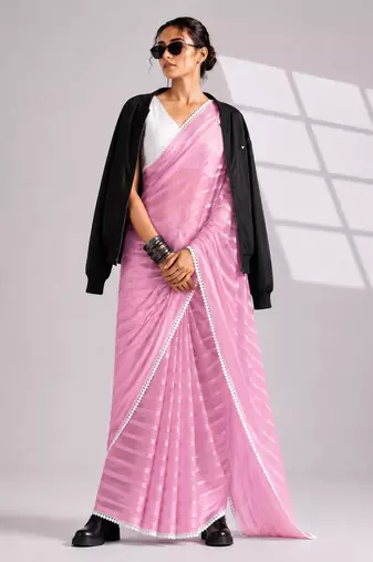 pink smart ready to wear bollywood style chiffon saree for party looks