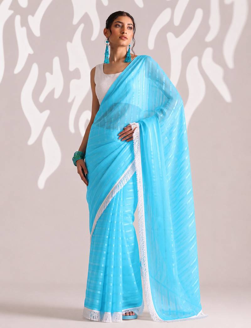 sky blue smart ready to wear bollywood style chiffon saree for party looks
