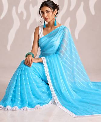 sky blue smart ready to wear bollywood style chiffon saree for party looks 3