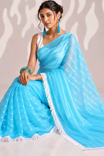 sky blue smart ready to wear bollywood style chiffon saree for party looks