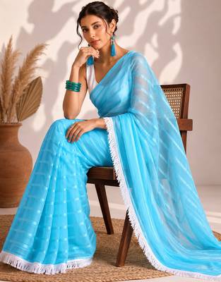 sky blue smart ready to wear bollywood style chiffon saree for party looks 5
