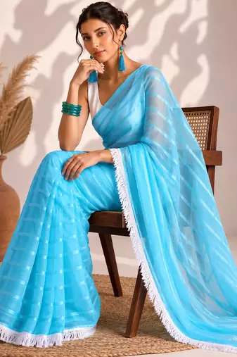 sky blue smart ready to wear bollywood style chiffon saree for party looks
