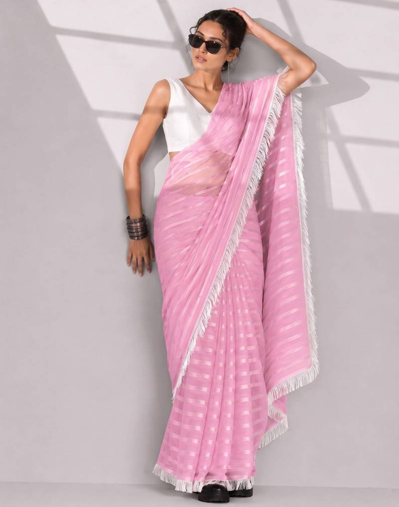 pink smart ready to wear bollywood style chiffon saree for party looks