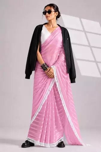 pink smart ready to wear bollywood style chiffon saree for party looks