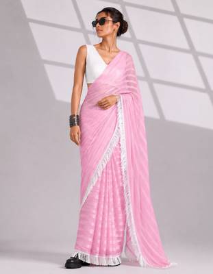 pink smart ready to wear bollywood style chiffon saree for party looks 4
