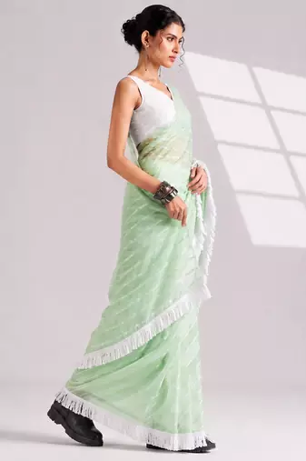 green smart ready to wear bollywood style chiffon saree for party looks