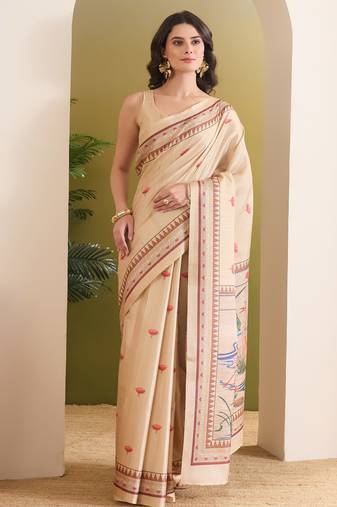 cream beautiful partywear ready to wear designer printed saree