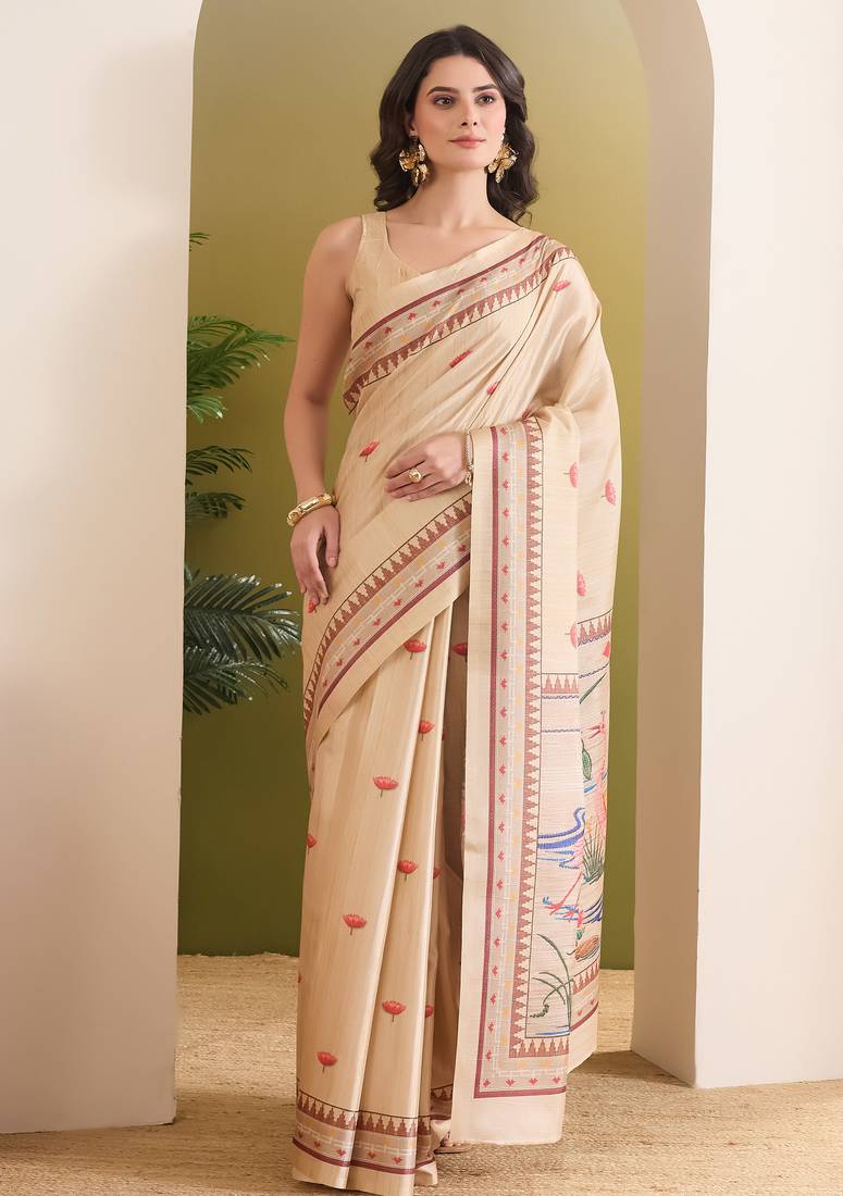 cream beautiful partywear ready to wear designer printed saree