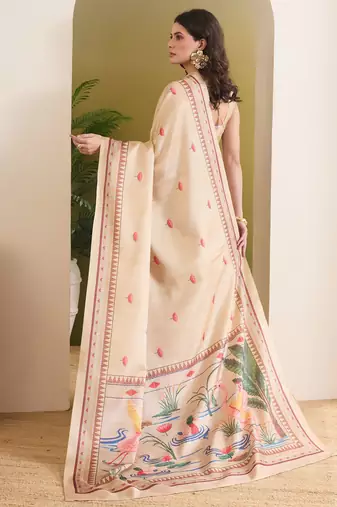 cream beautiful partywear ready to wear designer printed saree