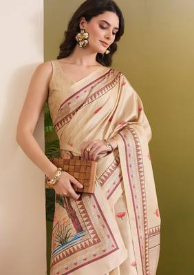 cream beautiful partywear ready to wear designer printed saree 3