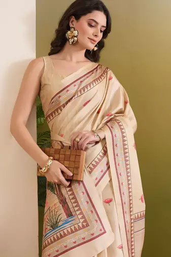 cream beautiful partywear ready to wear designer printed saree