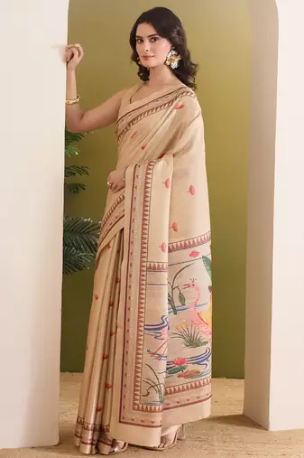 cream beautiful partywear ready to wear designer printed saree