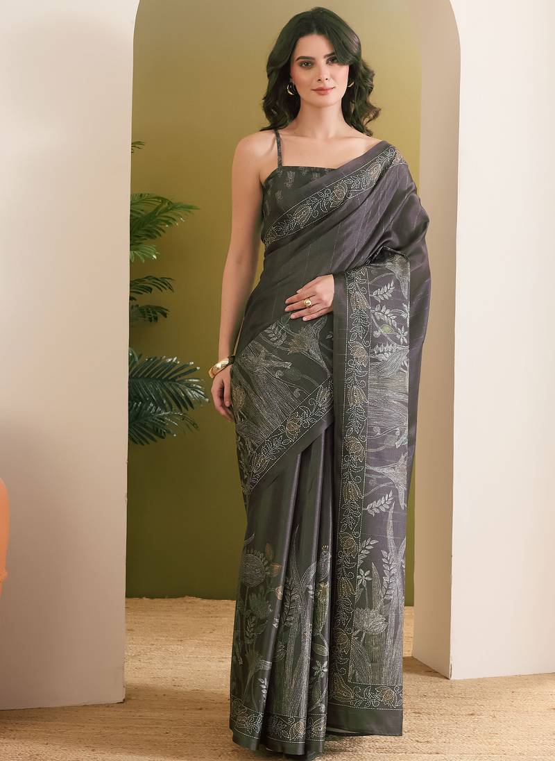 dark green beautiful partywear ready to wear designer printed saree