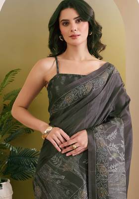 dark green beautiful partywear ready to wear designer printed saree 3