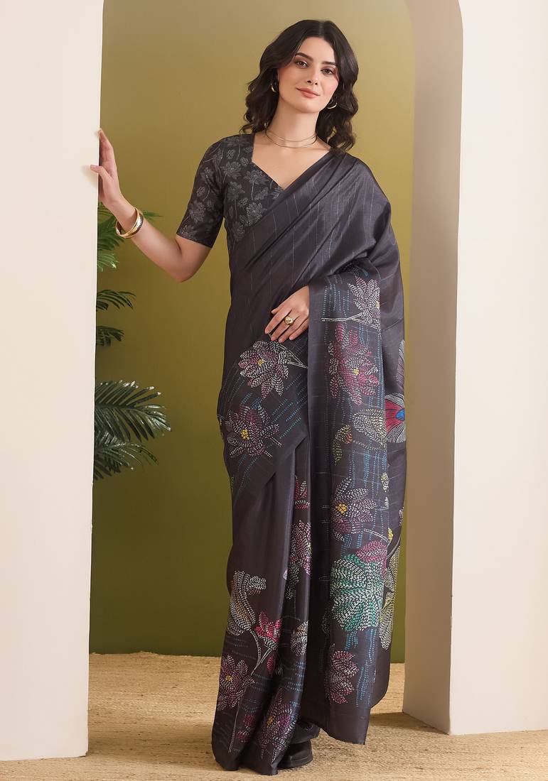 black beautiful partywear ready to wear designer printed saree