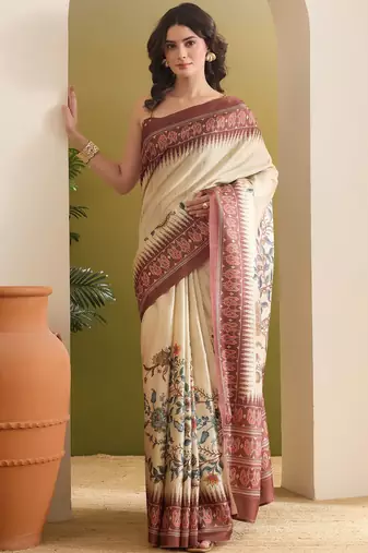 cream beautiful partywear ready to wear designer printed saree