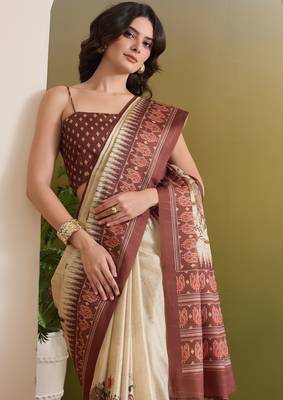 cream beautiful partywear ready to wear designer printed saree 3