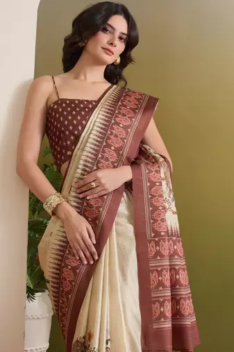 cream beautiful partywear ready to wear designer printed saree