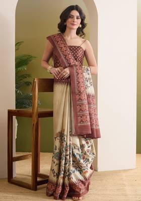 cream beautiful partywear ready to wear designer printed saree 4