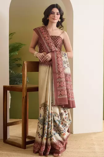cream beautiful partywear ready to wear designer printed saree