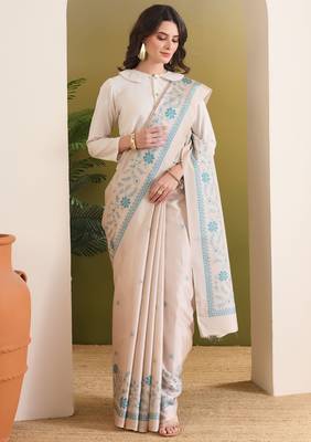 beige beautiful partywear ready to wear designer printed saree 1
