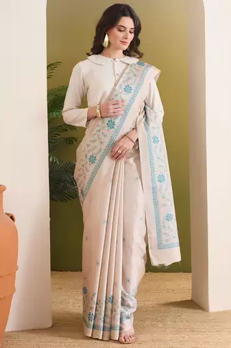 beige beautiful partywear ready to wear designer printed saree