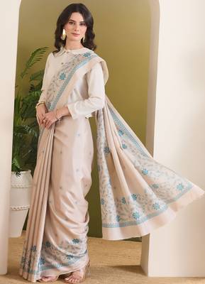 beige beautiful partywear ready to wear designer printed saree 4