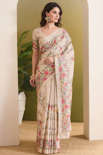 cream beautiful partywear ready to wear designer printed saree
