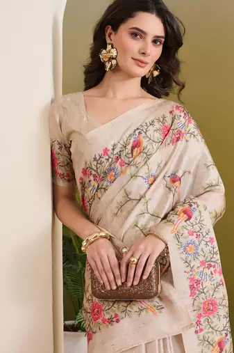 cream beautiful partywear ready to wear designer printed saree