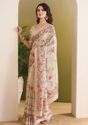 cream beautiful partywear ready to wear designer printed saree 4