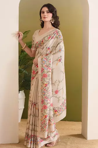 cream beautiful partywear ready to wear designer printed saree