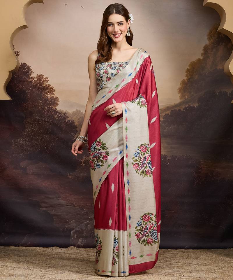 red beautiful partywear ready to wear designer printed saree